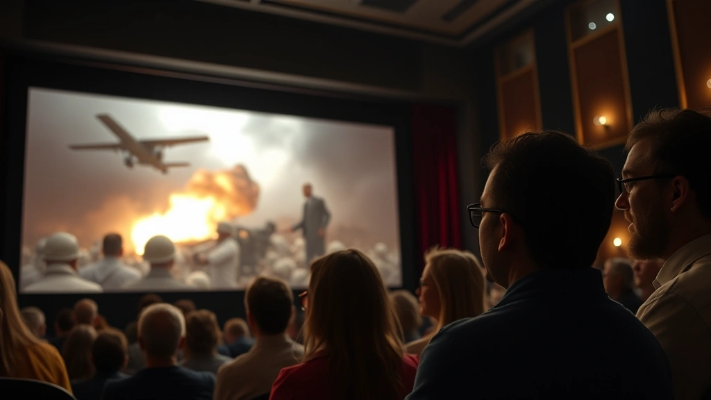 Film festival audience watching an intense scene on a large theater screen, faces illuminated by cinematic light, conveying emotional engagement with war narrative content