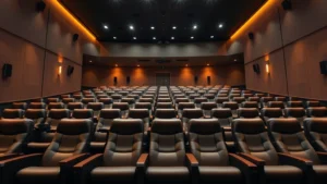 Modern movie theater auditorium with reclining seats, warm ambient lighting, and clean contemporary design showing empty theater before screening