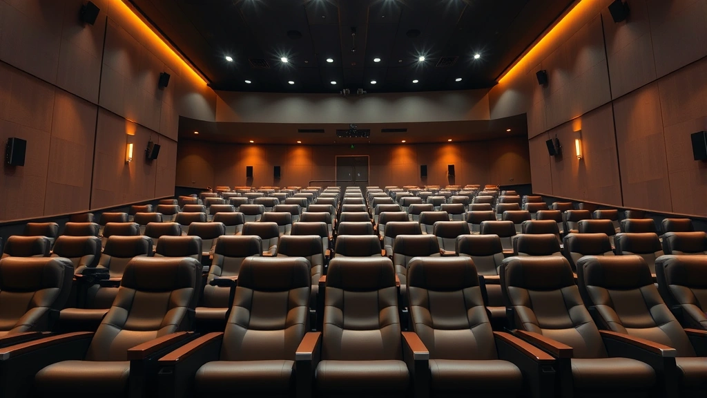 Modern movie theater auditorium with reclining seats, warm ambient lighting, and clean contemporary design showing empty theater before screening