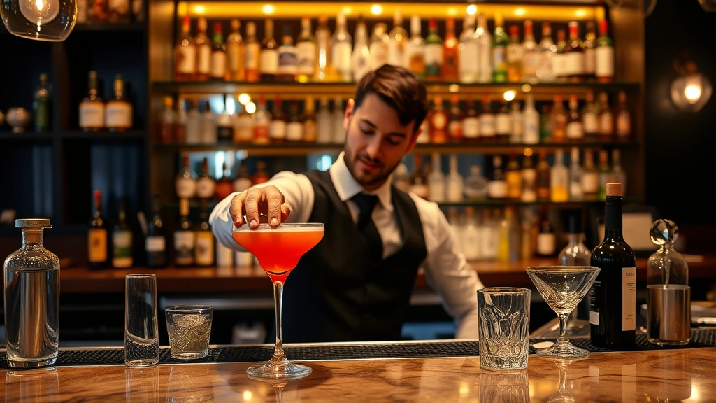 Professional bartender preparing craft cocktail behind polished bar counter with bottles and glassware, modern upscale tavern setting with warm lighting