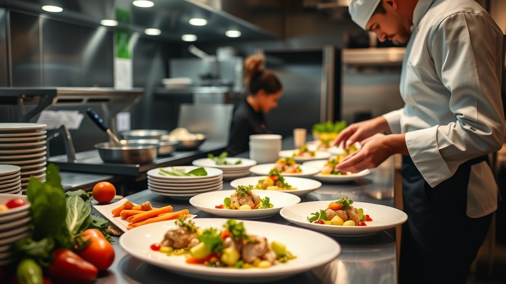 Restaurant kitchen scene showing chef plating appetizers, professional kitchen equipment, fresh ingredients, and culinary preparation for dining service