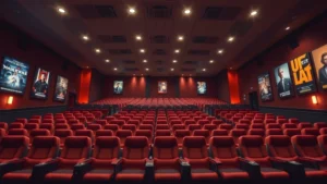 Cinematic wide shot of modern multiplex theater interior with comfortable stadium seating, warm ambient lighting, and movie posters on walls. Digital media aesthetic, no screens visible.