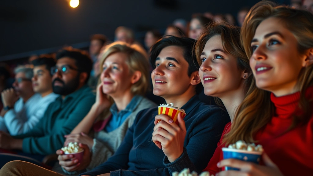 Close-up of diverse audience members sitting in theater seats with engaged expressions, holding popcorn, illuminated by screen glow. Photorealistic, emotional connection to cinema.