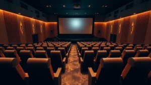 Modern cinema auditorium interior with rows of premium reclining seats facing a large projection screen, warm lighting creating inviting atmosphere, contemporary design elements visible