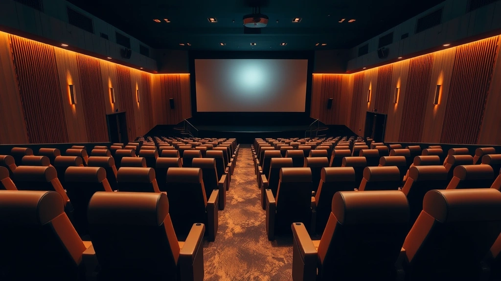 Modern cinema auditorium interior with rows of premium reclining seats facing a large projection screen, warm lighting creating inviting atmosphere, contemporary design elements visible
