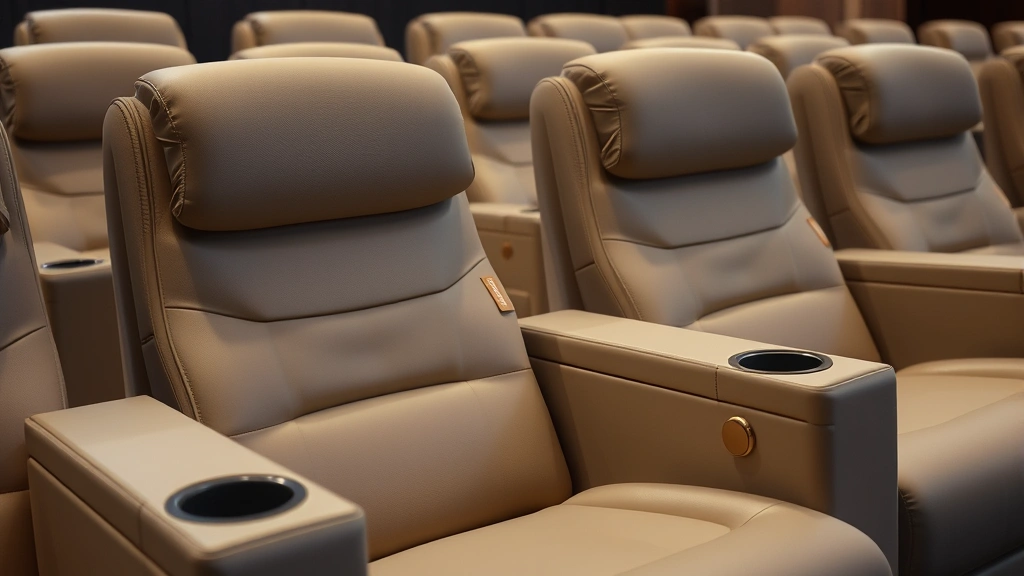 Close-up of luxury theater seating with motorized recline mechanism, heated seat cushions, cup holders, and comfortable armrests in neutral tones