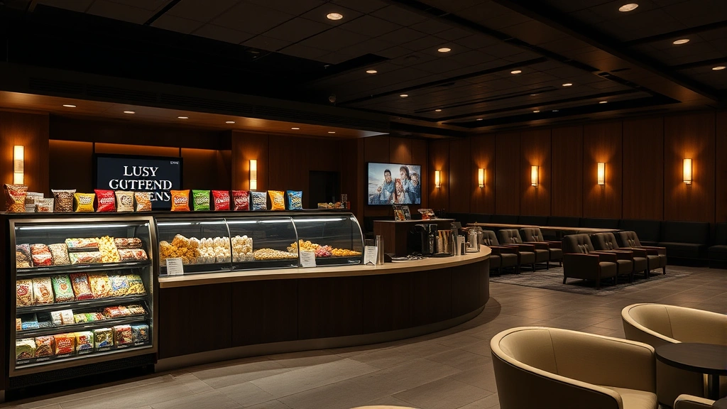 Theater lobby featuring modern aesthetic with concession counter displaying gourmet snacks, artisanal popcorn flavors, specialty beverages, comfortable seating areas in background, warm ambient lighting