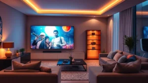 Modern living room with large television displaying vibrant HD movie scene, warm lighting, comfortable seating, contemporary interior design, no visible screens or text