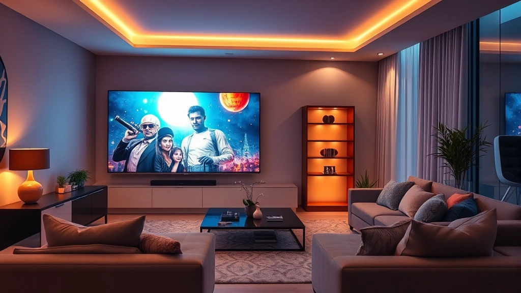 Modern living room with large television displaying vibrant HD movie scene, warm lighting, comfortable seating, contemporary interior design, no visible screens or text