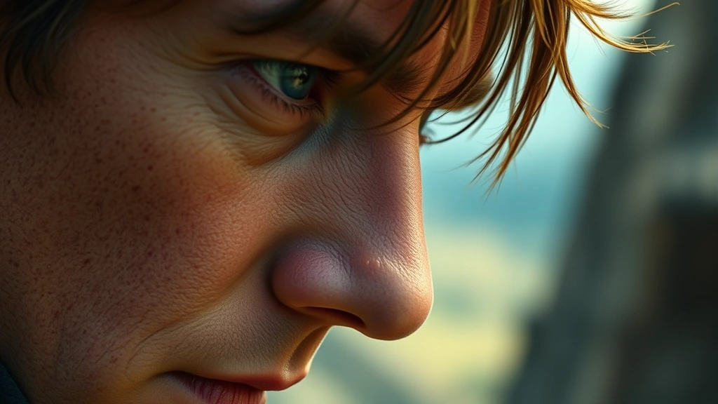 Close-up of movie scene details showing HD clarity—facial expressions, texture, color gradation in landscape or character close-up, cinematic quality, photorealistic