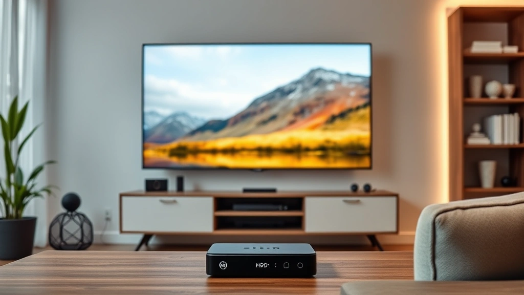 Home entertainment setup with streaming device, television, and comfortable viewing environment showing optimal HD viewing conditions, modern aesthetic, no interface elements
