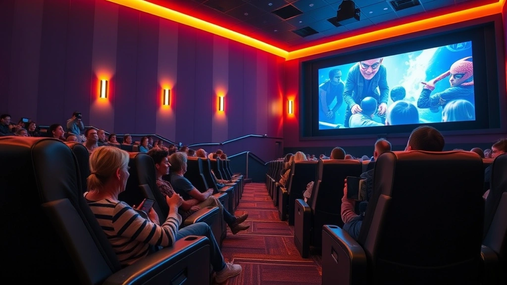 Interior of a modern local movie theater with comfortable reclining seats, warm ambient lighting, and a projection screen showing vibrant cinema content, audience members relaxing in spacious seating areas