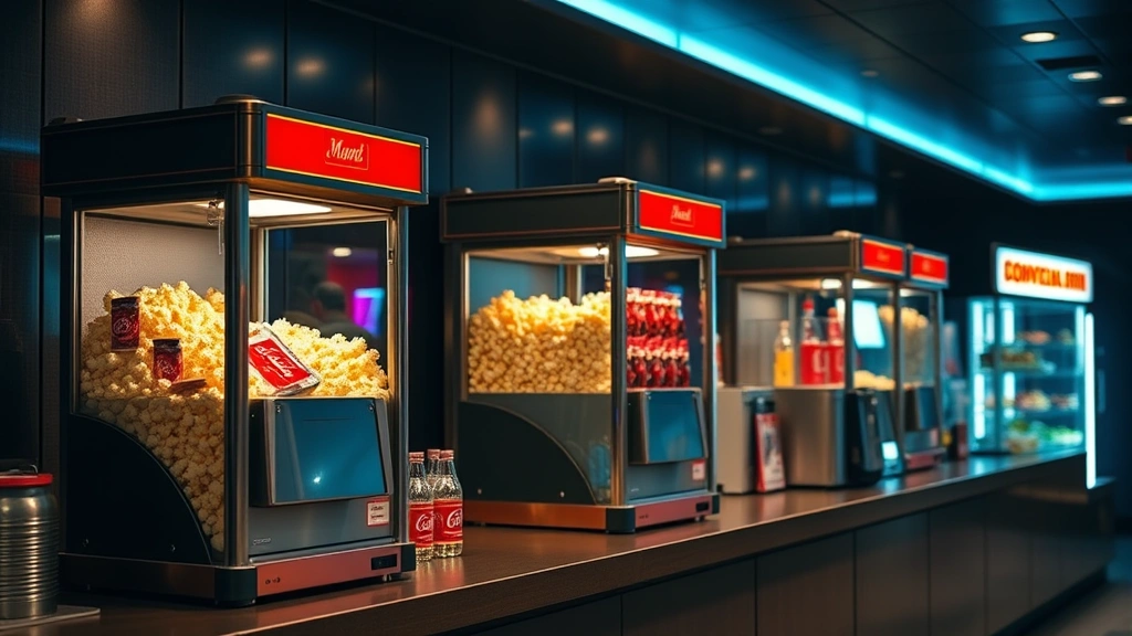 Close-up of movie theater concession stand with popcorn machines, candy displays, and beverages, warm theatrical lighting reflecting off glass counters, inviting and clean presentation
