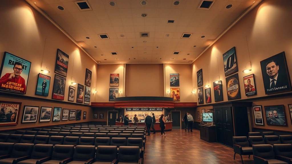 Wide shot of movie theater lobby with vintage cinema posters on walls, comfortable seating areas, ticket counter, soft lighting creating welcoming atmosphere for patrons arriving for screenings