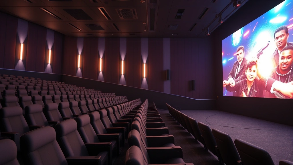 Professional movie theater interior with modern seating, dramatic lighting, and large cinema screen displaying vibrant content during evening hours, photorealistic digital media setting
