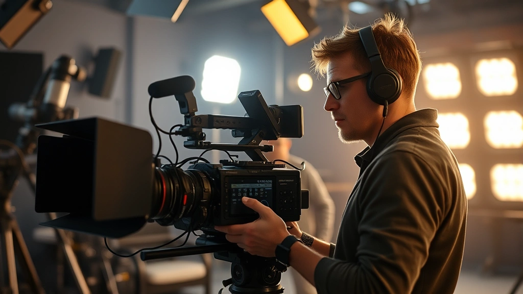 Contemporary film director working with advanced camera equipment and lighting rigs on a movie set, showing professional cinematography techniques and production design elements