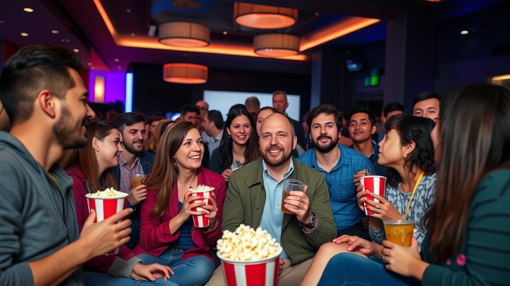 Diverse group of moviegoers enjoying popcorn and beverages in a modern theater lobby, socializing before screenings, bright ambient lighting, entertainment venue atmosphere