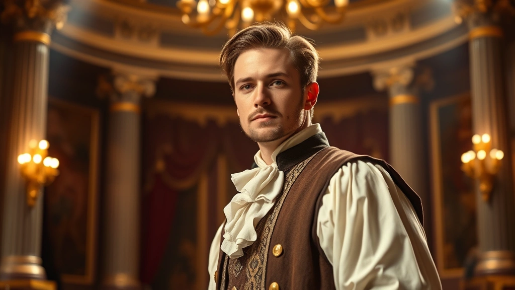 Professional male actor in period costume on grand film set with dramatic lighting, classical theater training evident in posture and presence, cinematic production environment