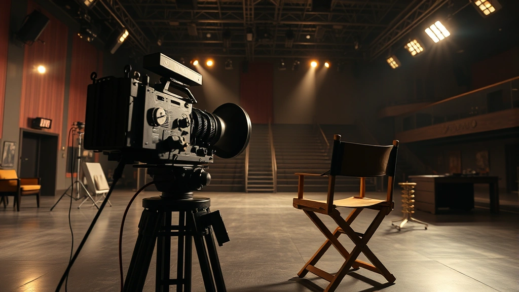 Vintage film camera equipment and director's chair on expansive movie soundstage, golden age Hollywood production design, large-scale epic filmmaking setup with dramatic shadows