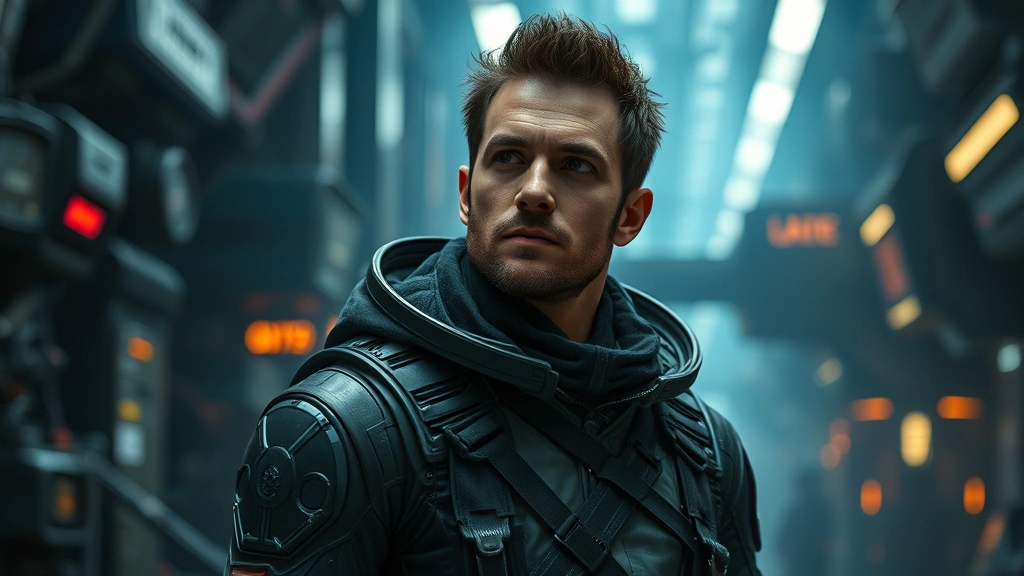 Contemplative actor in futuristic dystopian costume against technological backdrop, science fiction film set design, thoughtful expression conveying philosophical depth and character complexity