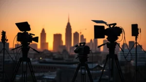Wide shot of Omaha skyline at golden hour with film equipment silhouettes in foreground, professional lighting rigs, cinema cameras on tripods, suggesting active production activity and urban creativity