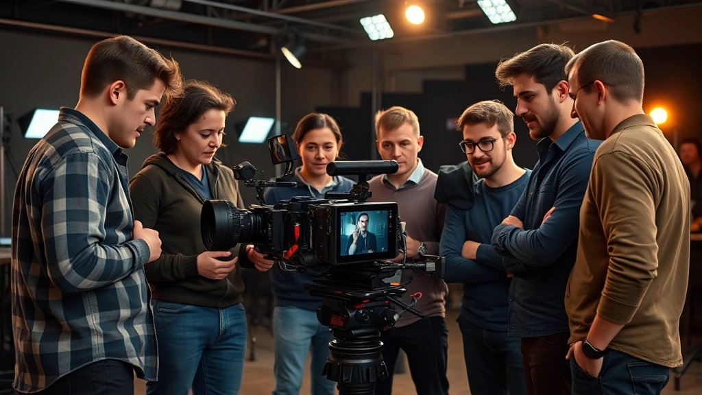 Diverse group of five filmmakers in professional casual attire gathered around a digital cinema camera on a set, reviewing footage on monitor, collaborative atmosphere, studio lighting, creative discussion moment
