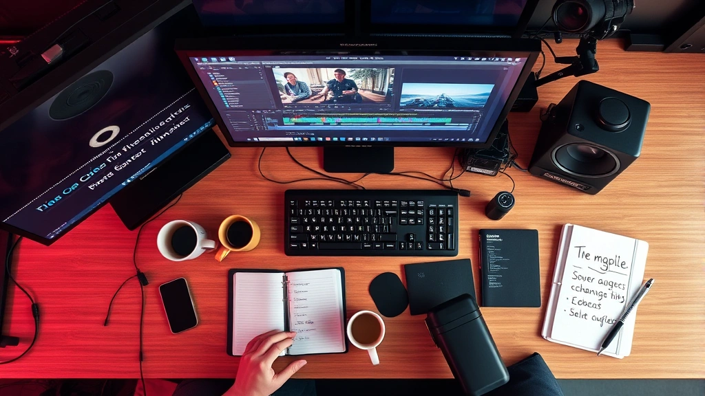 Overhead view of film production workspace with color-graded monitors, editing keyboards, professional audio equipment, coffee cups, notebooks with creative notes, representing post-production and technical filmmaking processes