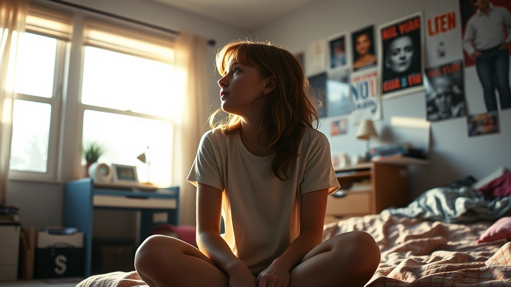 A teenage girl sitting alone in a bedroom with soft afternoon light streaming through windows, looking contemplatively out toward the distance, surrounded by 1980s bedroom décor including posters and personal items, photorealistic style capturing genuine teenage introspection