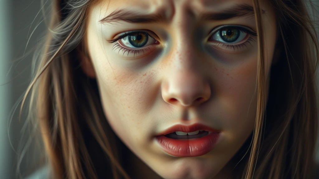 Close-up portrait of a young woman's face showing complex emotion—a blend of hope, nervousness, and vulnerability—soft lighting emphasizing authentic teenage expression without theatrical exaggeration, photorealistic emotional authenticity
