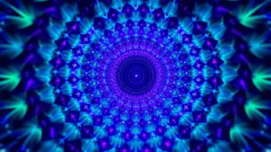 Kaleidoscopic abstract light patterns in deep purples, blues, and iridescent greens creating a tunnel effect, photorealistic digital light simulation with no text or interface elements, representing visual psychedelia and consciousness expansion