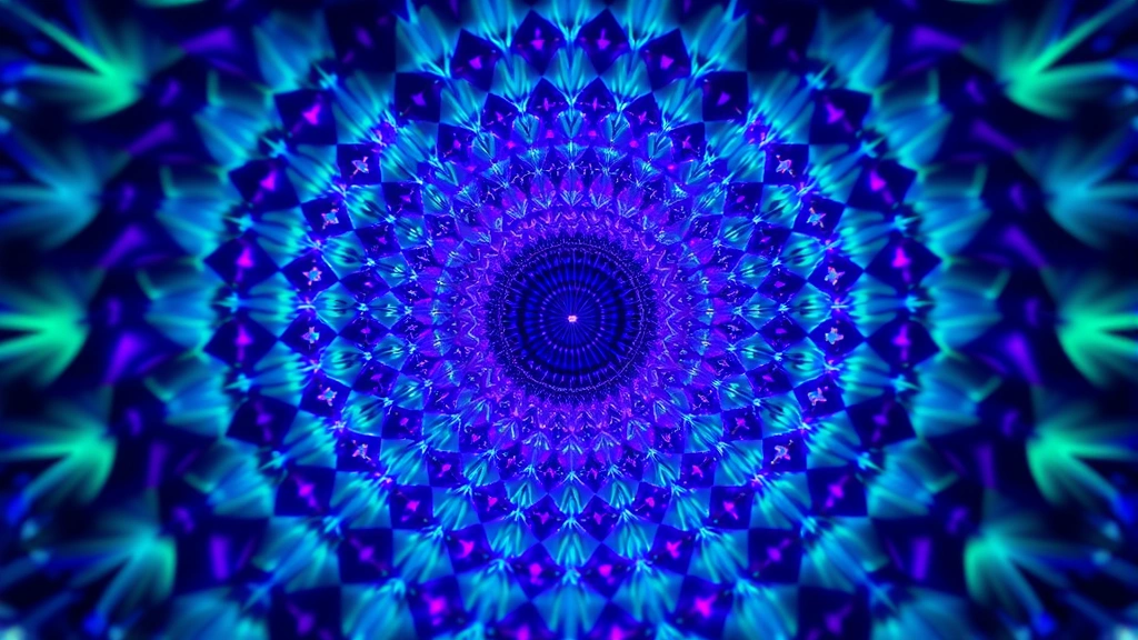 Kaleidoscopic abstract light patterns in deep purples, blues, and iridescent greens creating a tunnel effect, photorealistic digital light simulation with no text or interface elements, representing visual psychedelia and consciousness expansion