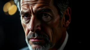 Professional film noir-style portrait of mature male actor in dramatic lighting, weathered features showing character and experience, dark tones emphasizing intensity and depth, cinematic composition, no visible text or identifying marks