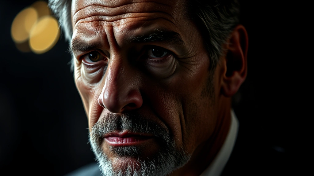 Professional film noir-style portrait of mature male actor in dramatic lighting, weathered features showing character and experience, dark tones emphasizing intensity and depth, cinematic composition, no visible text or identifying marks