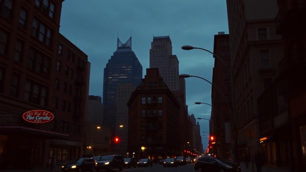 Moody New York street scene at dusk with urban architecture, street lights casting shadows, gritty atmosphere capturing 1990s crime drama aesthetic, realistic color grading, no people or text visible