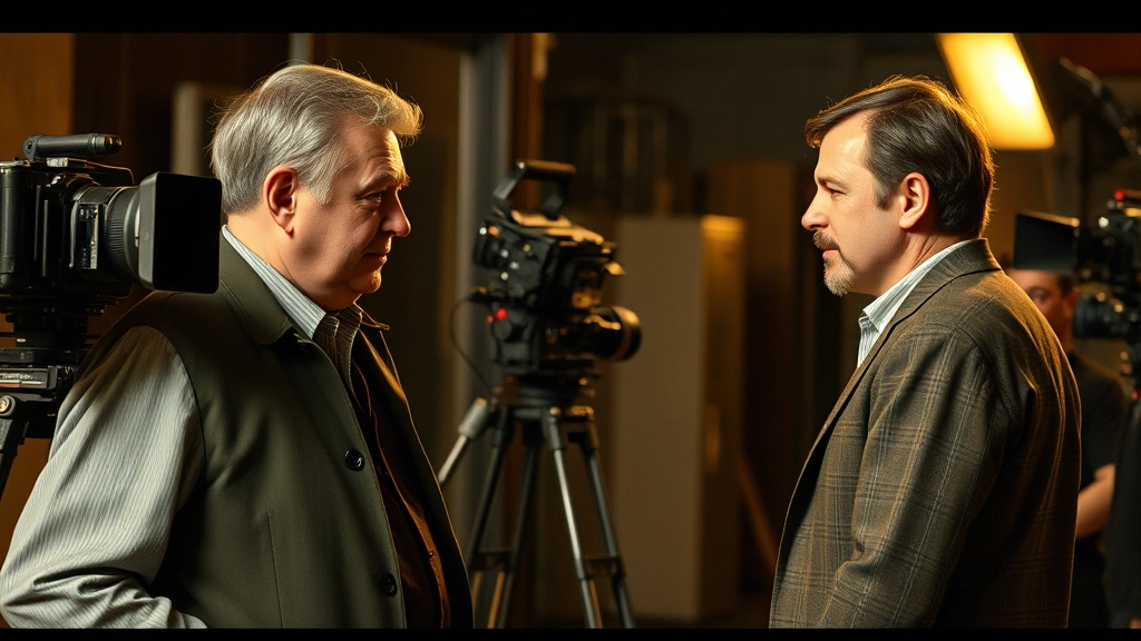 Vintage film production scene showing director and actor in serious conversation on set, professional cinema equipment visible, warm practical lighting, capturing authentic filmmaking moment, no identifying text or logos