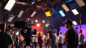 Professional film set with lighting rigs and cameras, cinematographer adjusting equipment, vibrant production atmosphere with crew members collaborating
