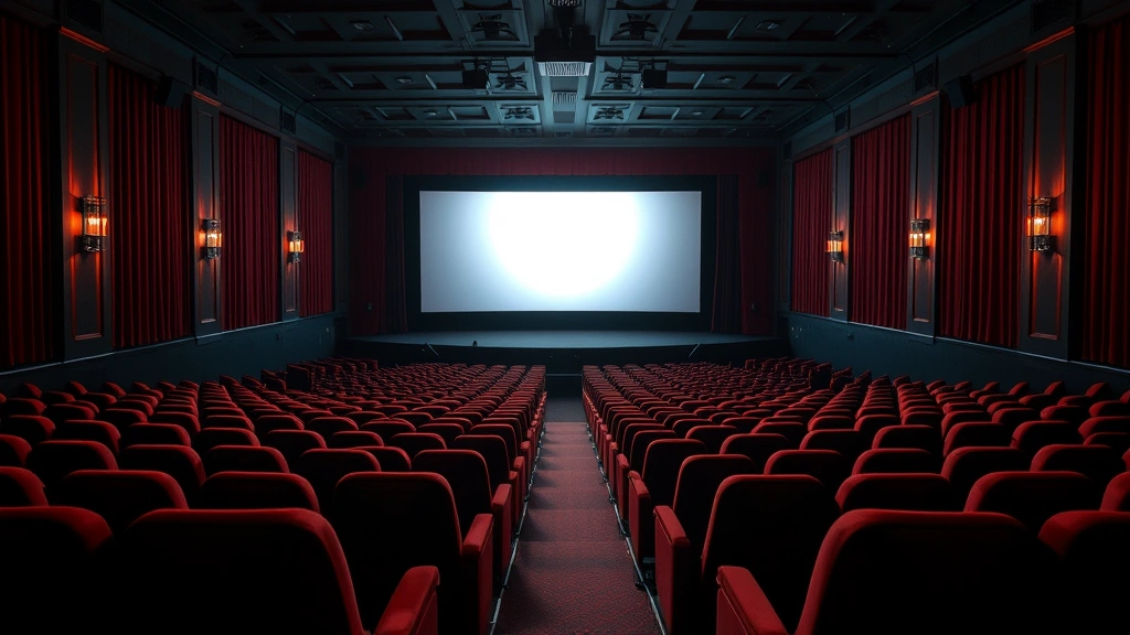 Movie theater interior with empty velvet seats and glowing screen, dramatic lighting casting shadows across rows, cinematic ambiance