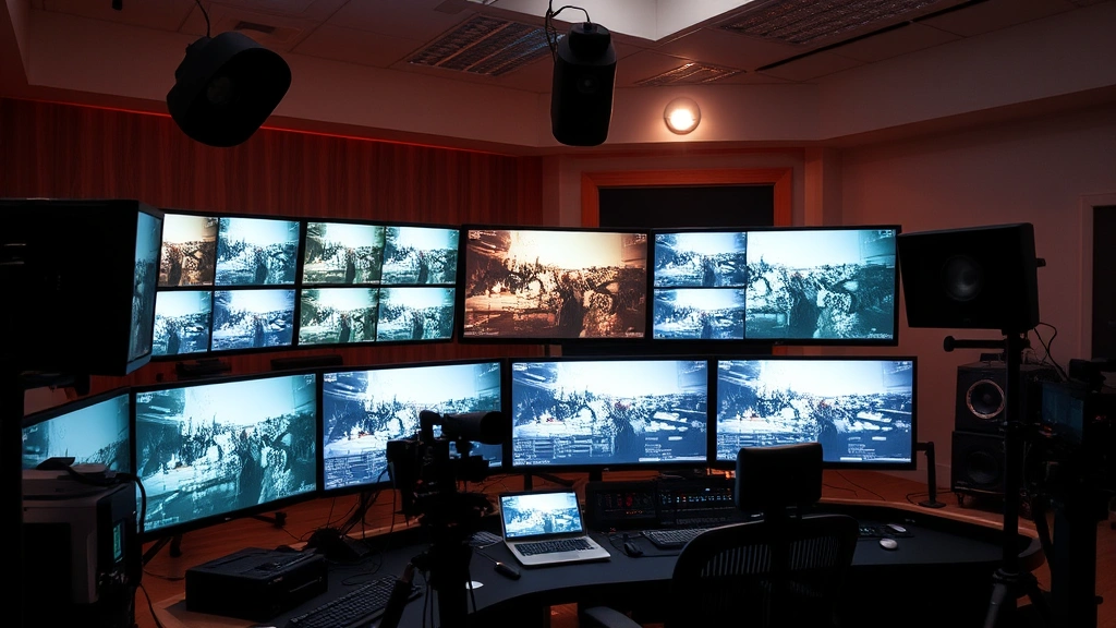 Film editing suite with multiple monitors displaying color-graded footage, professional post-production workspace with technical equipment and creative tools visible