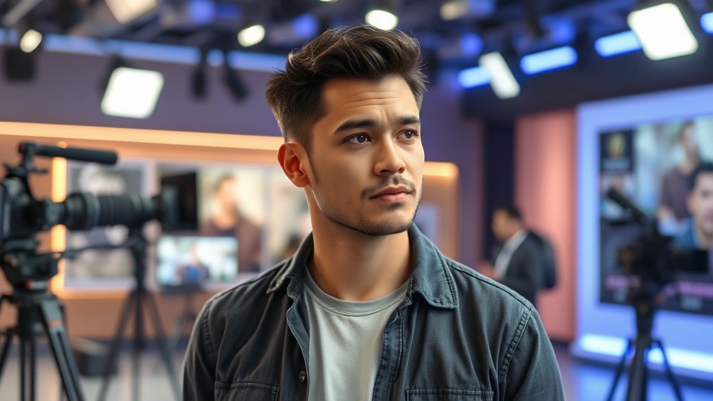 Professional actor in modern television studio setting, wearing casual production attire, thoughtful expression, contemporary lighting, filming environment visible in background, digital cinematography aesthetic