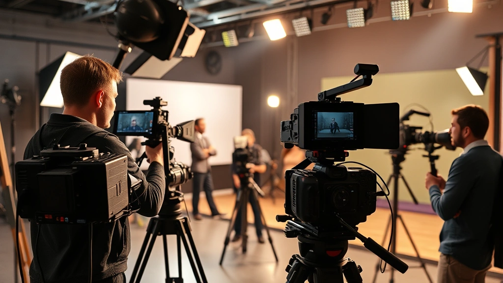 Behind-the-scenes television production with multiple cameras, lighting rigs, and professional equipment, actor in scene preparation, collaborative creative environment, contemporary streaming production quality