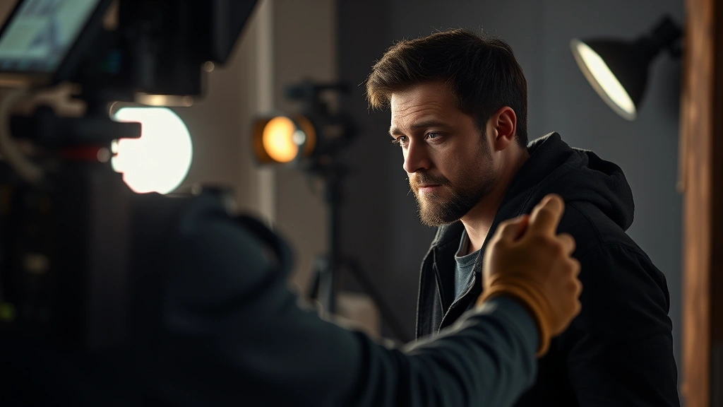 Actor in dramatic scene during filming, emotional performance moment, professional lighting setup, modern television production design, contemporary dramatic television aesthetic, intimate character moment