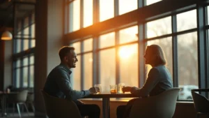 Two people sitting across from each other in a minimalist café setting, soft natural lighting through large windows, candid conversation moment, warm atmospheric lighting, intimate yet spacious composition, contemporary interior design, realistic depth of field, golden hour quality light