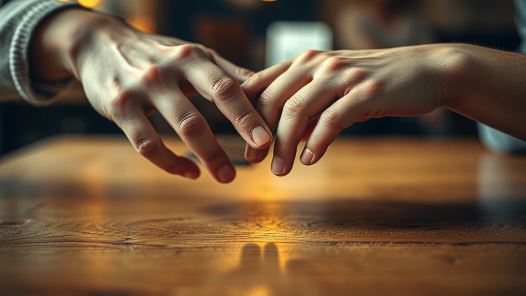 Close-up of hands nearly touching on a wooden table surface, shallow depth of field emphasizing emotional tension, warm indoor lighting, artistic composition showing vulnerability and connection, blurred background suggesting intimate setting, photorealistic texture detail