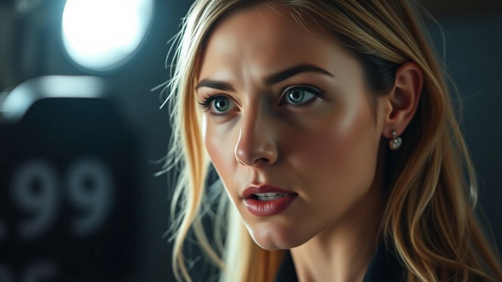 Professional female actor in dramatic scene, intense emotional expression, film studio lighting, close-up portrait composition, contemporary cinematography style, depth of field effect