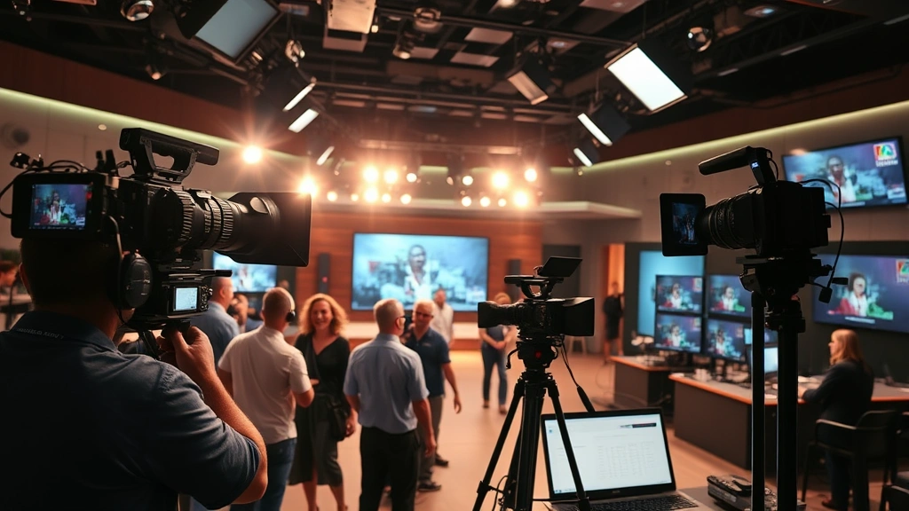 Television production set with multiple cameras and professional lighting rigs, crew members working behind scenes, broadcast studio environment, technical equipment and monitoring stations visible