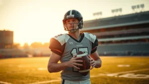 Young male quarterback in practice uniform holding football on empty field at golden hour, contemplative expression, stadium visible in soft focus background, photorealistic atmospheric lighting