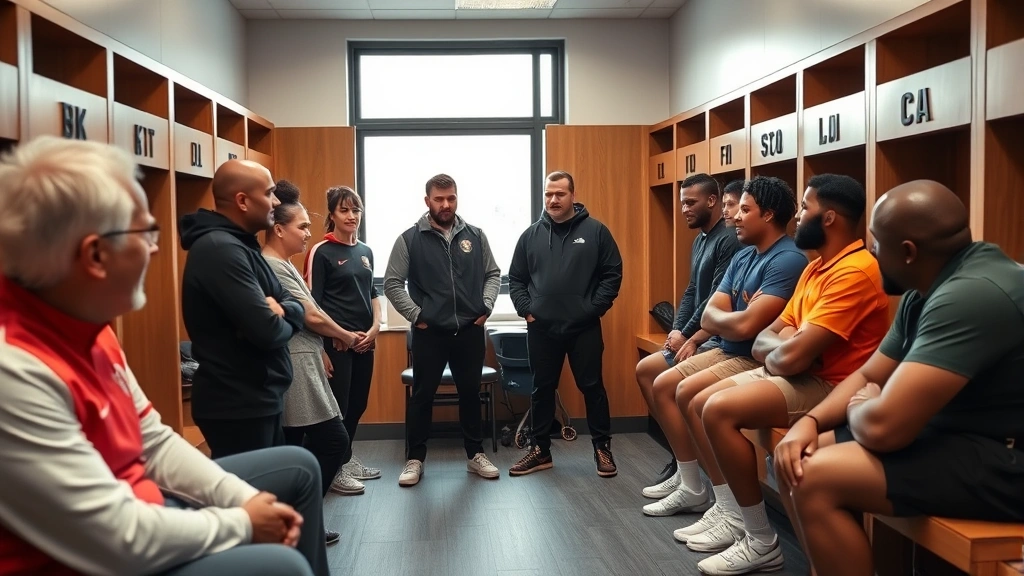 Diverse coaching staff and players in modern locker room during team meeting, natural window lighting, genuine interaction and discussion, professional sports facility setting, warm authentic moment