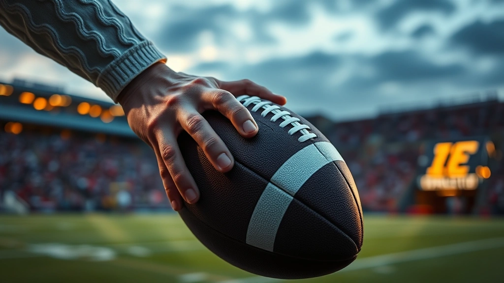 Close-up of quarterback's hands on football in stadium during twilight, blurred crowd and field lights in background, emotional intensity and focus captured, professional sports photography style