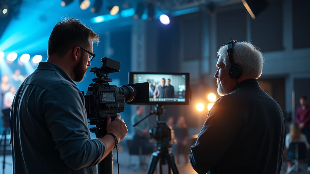 Professional cinematographer and director reviewing filmed scenes on a cinema monitor during production, with dramatic studio lighting setup and professional film equipment visible in a modern soundstage environment