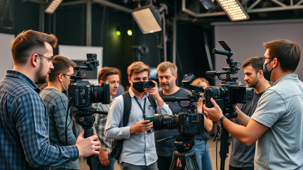Diverse television and film production crew members collaborating on set with professional cameras, lighting rigs, and modern cinematography technology during an active dramatic scene production